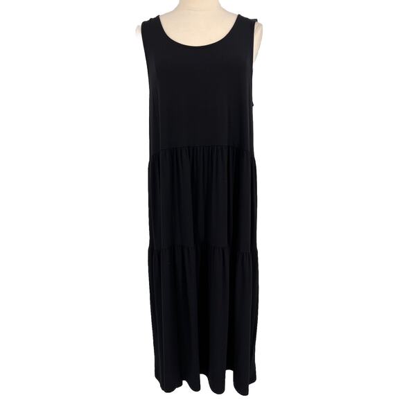 Eileen Fisher Tiered Dress Black Large Knit Sleeveless Lightweight Retail $198 - Picture 1 of 8